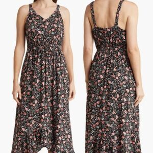 Studio B by Bobeau Size Medium Black/Pink Floral Print Handkerchief Hem Dress